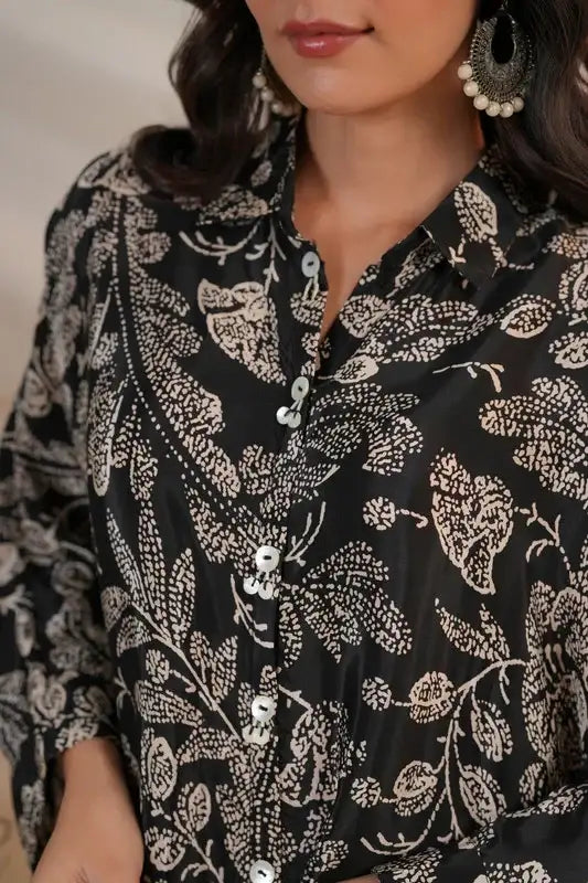 Black Botanical Luxe Natural Crepe Russian Co-ord Set