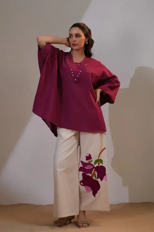 Wine Blossom Elegance Cotton Flex Co-ord Set