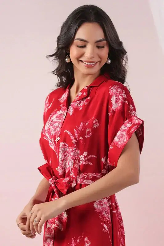 Red Scarlet Bloom Belted Russian Silk Dress