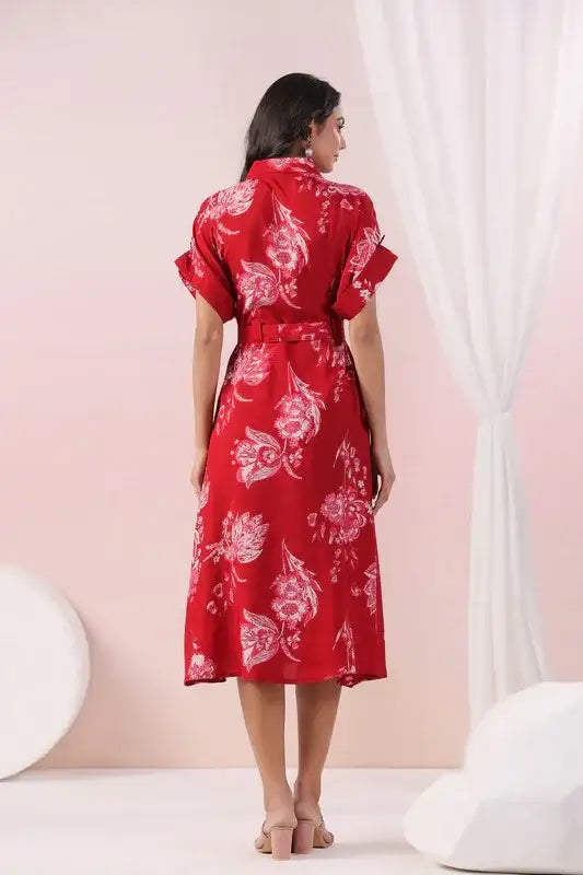 Red Scarlet Bloom Belted Russian Silk Dress