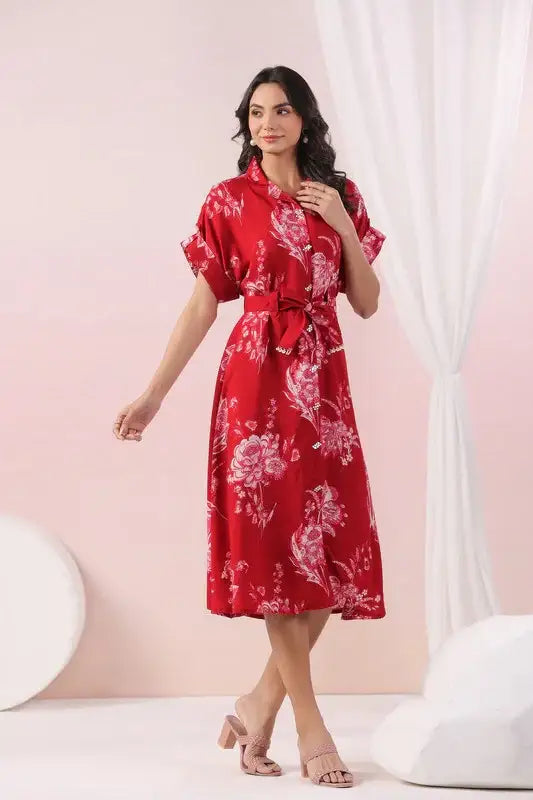 Red Scarlet Bloom Belted Russian Silk Dress