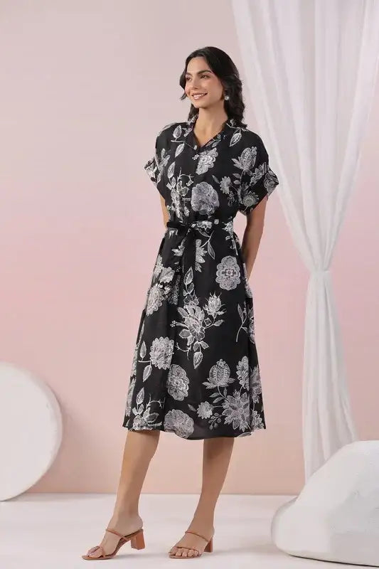 Black Blossom Ease Russian Silk Dress