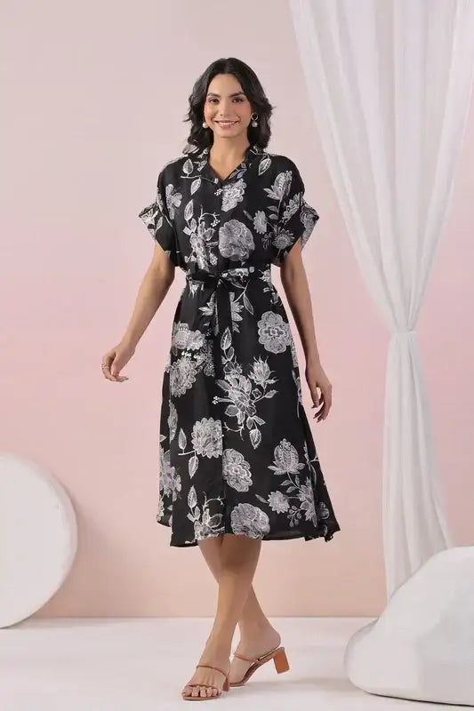 Black Blossom Ease Russian Silk Dress