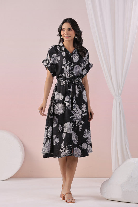 Black Blossom Ease Russian Silk Dress