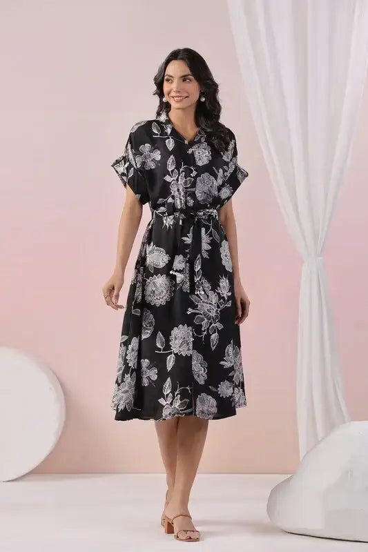 Black Blossom Ease Russian Silk Dress