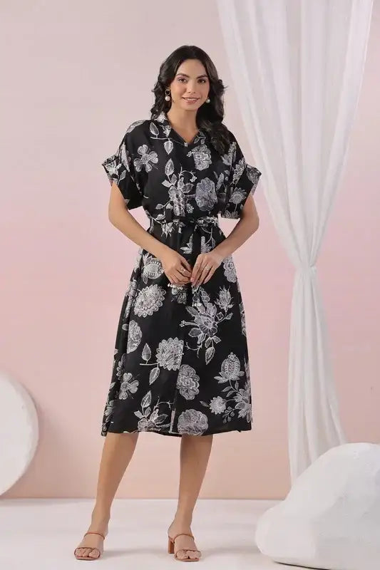 Black Blossom Ease Russian Silk Dress