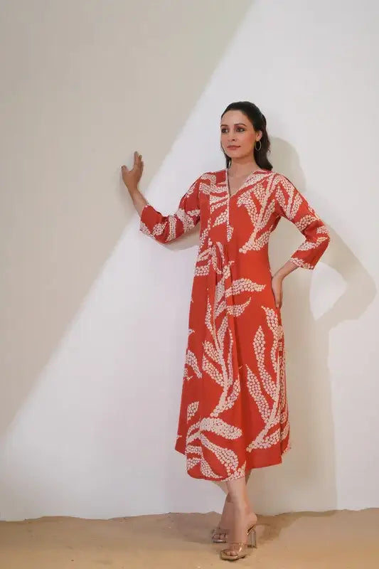 Rust Horizon Flared Russian Silk Dress