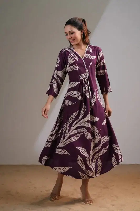 Purple Floral Leaf Russian Silk Dress