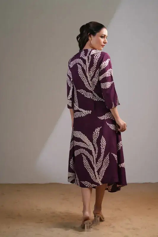 Purple Floral Leaf Russian Silk Dress