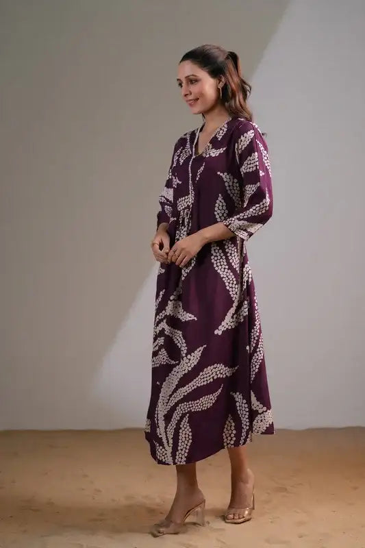 Purple Floral Leaf Russian Silk Dress