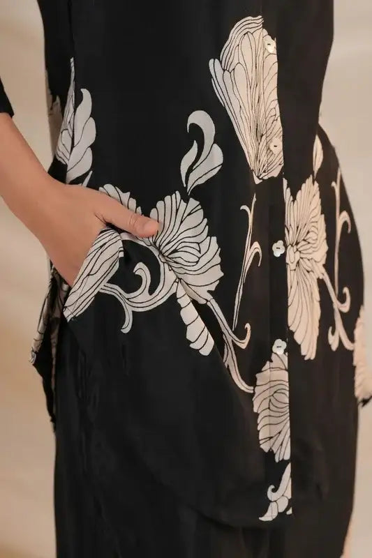 Black Blossom Russian Silk Co-ord Set