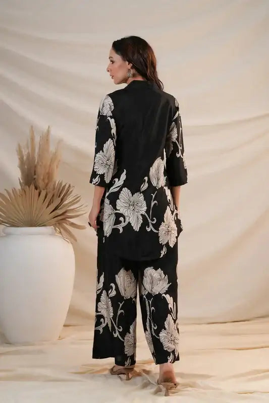 Black Blossom Russian Silk Co-ord Set