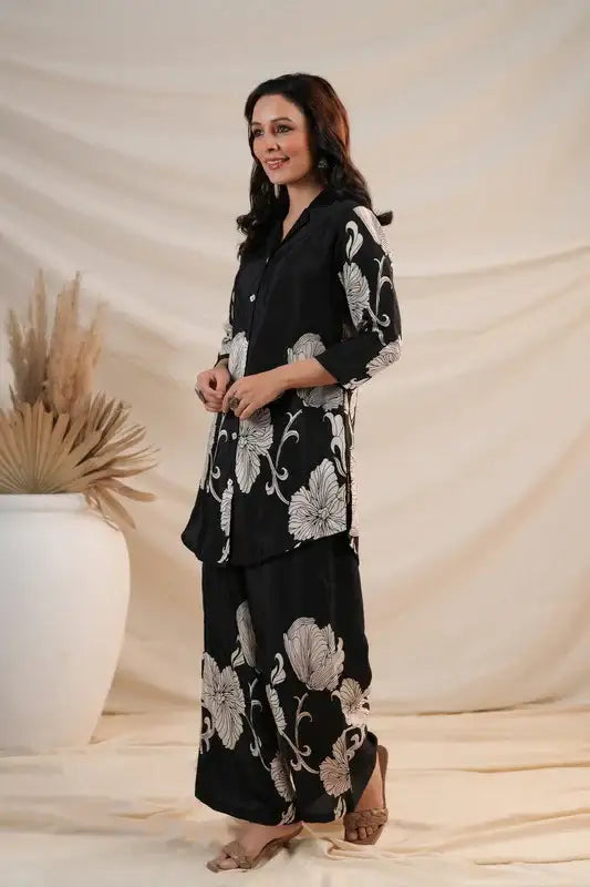 Black Blossom Russian Silk Co-ord Set
