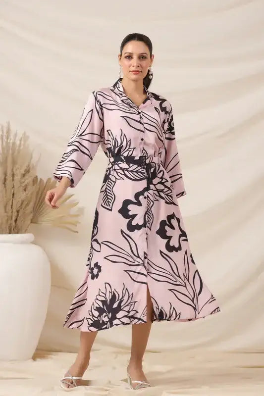 Rosé Ink Russian Silk Belted Dress