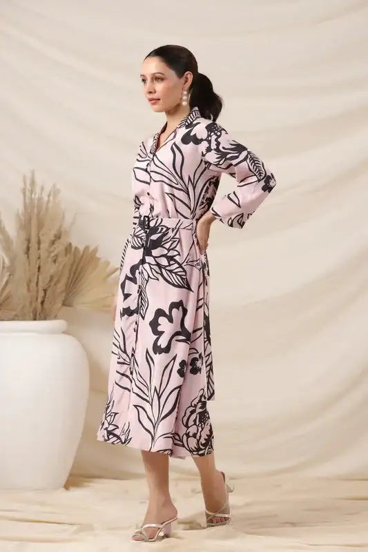 Rosé Ink Russian Silk Belted Dress