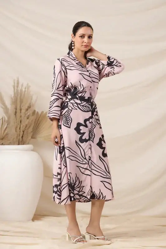 Rosé Ink Russian Silk Belted Dress