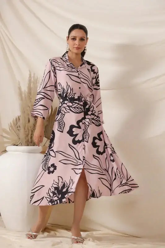Rosé Ink Russian Silk Belted Dress