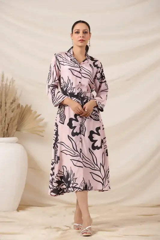 Rosé Ink Russian Silk Belted Dress