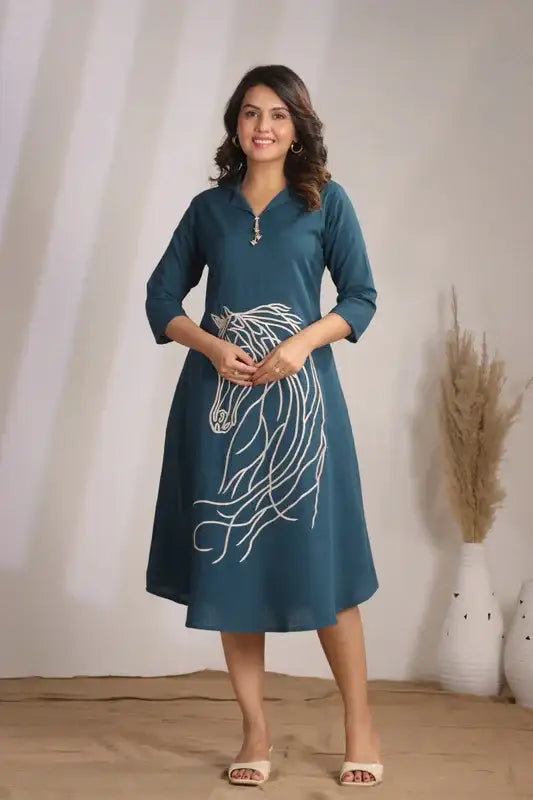 Rama Horse Embroidery Russain Silk Dress