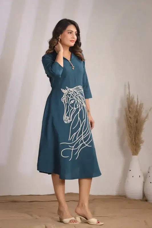 Rama Horse Embroidery Russain Silk Dress