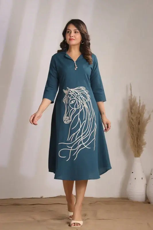 Rama Horse Embroidery Russain Silk Dress