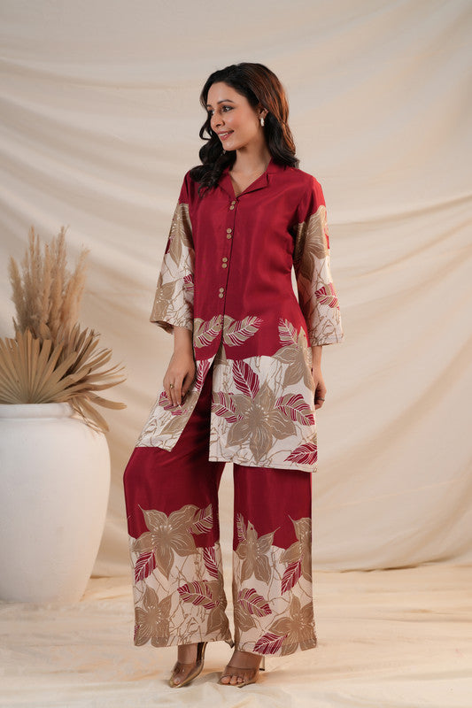 Maroon Floral Abstract Print Russian Silk Co-ord Set