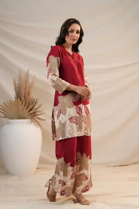 Maroon Floral Abstract Print Russian Silk Co-ord Set