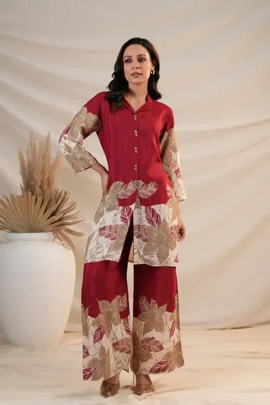 Maroon Floral Abstract Print Russian Silk Co-ord Set