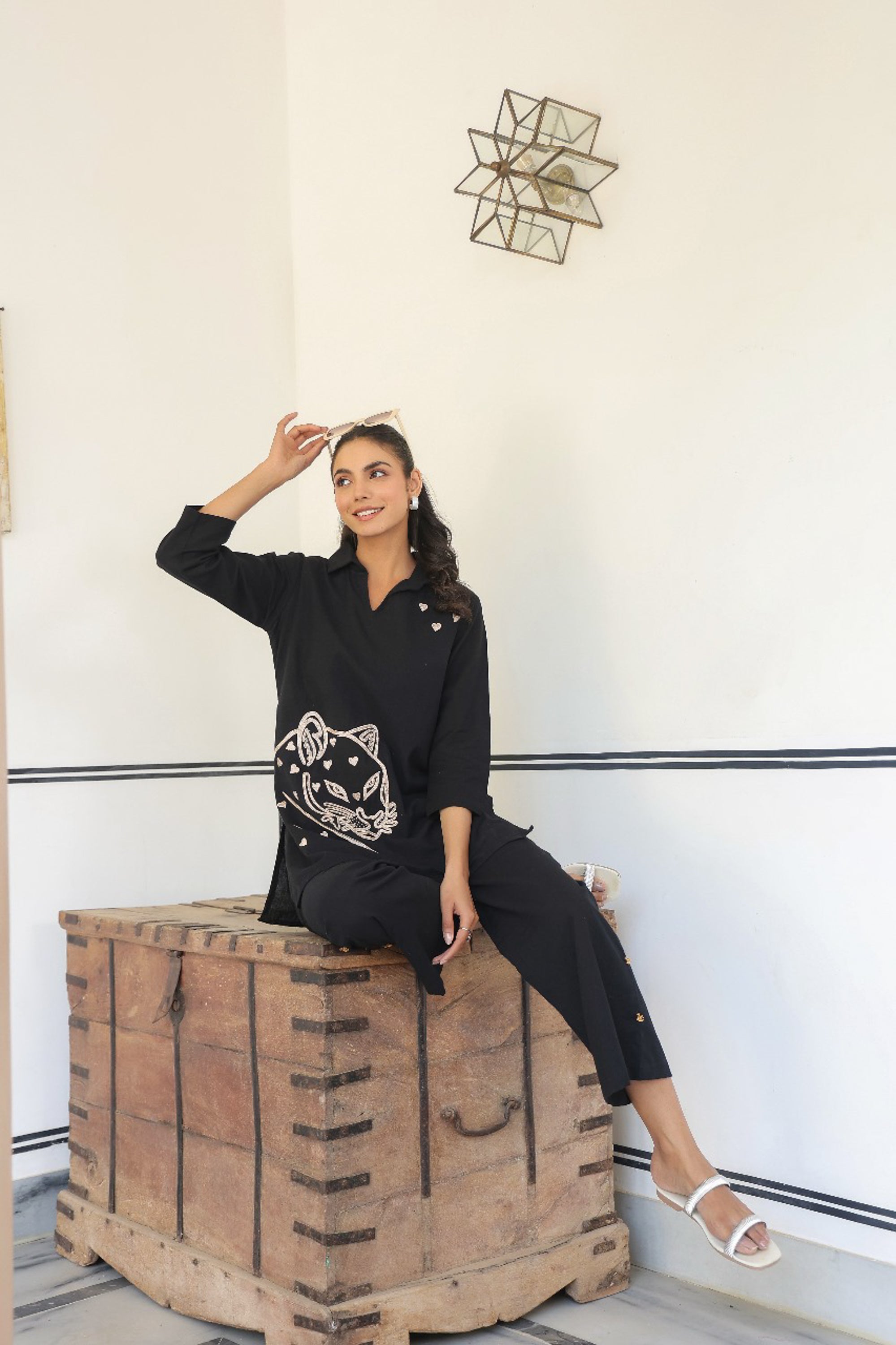 Black Embroidered Leopard Cotton Flex Top