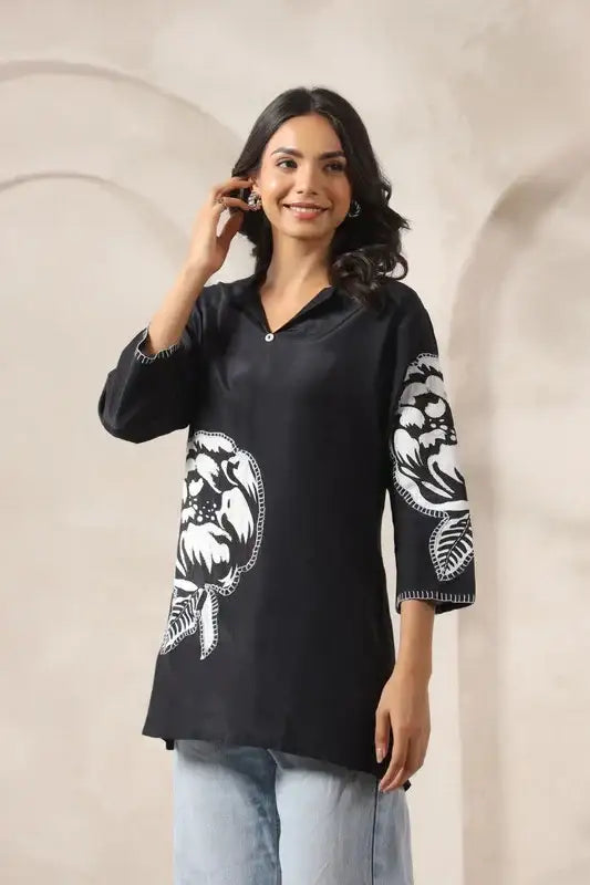 Contemporary Black Appliqué Russian Silk Top