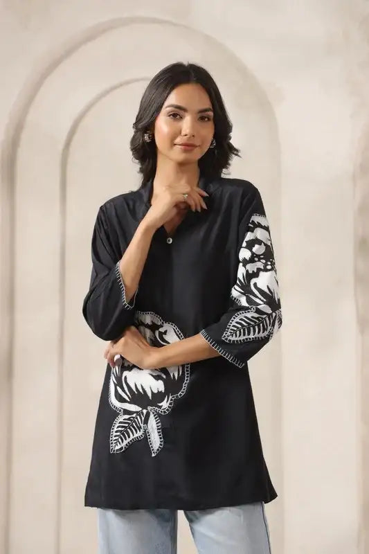 Contemporary Black Appliqué Russian Silk Top