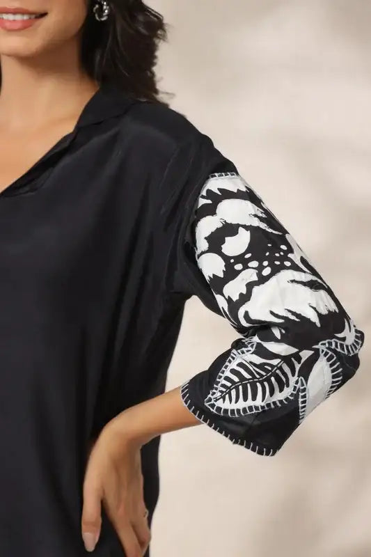 Contemporary Black Appliqué Russian Silk Top