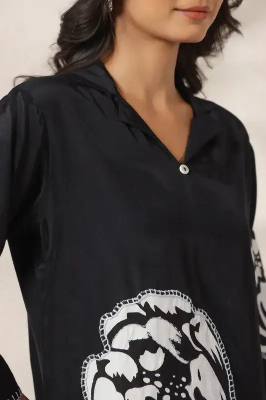 Contemporary Black Appliqué Russian Silk Top