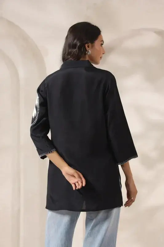 Contemporary Black Appliqué Russian Silk Top