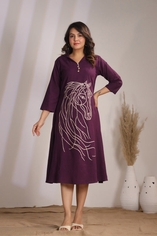 Plum Horse Embroidery Cotton Flex Dress