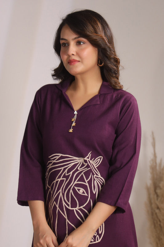 Plum Horse Embroidery Cotton Flex Dress