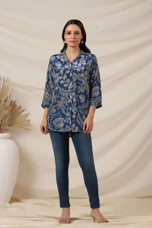 Royal Blue Floral Printed Russian Silk Top