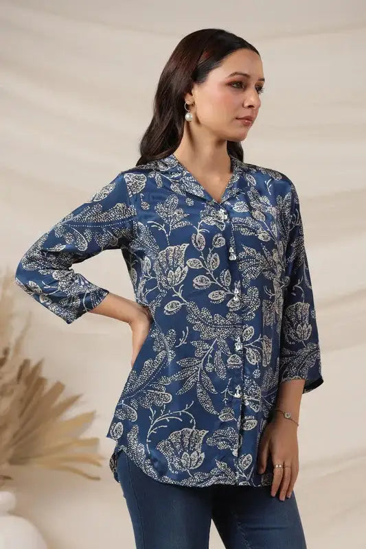 Royal Blue Floral Printed Russian Silk Top