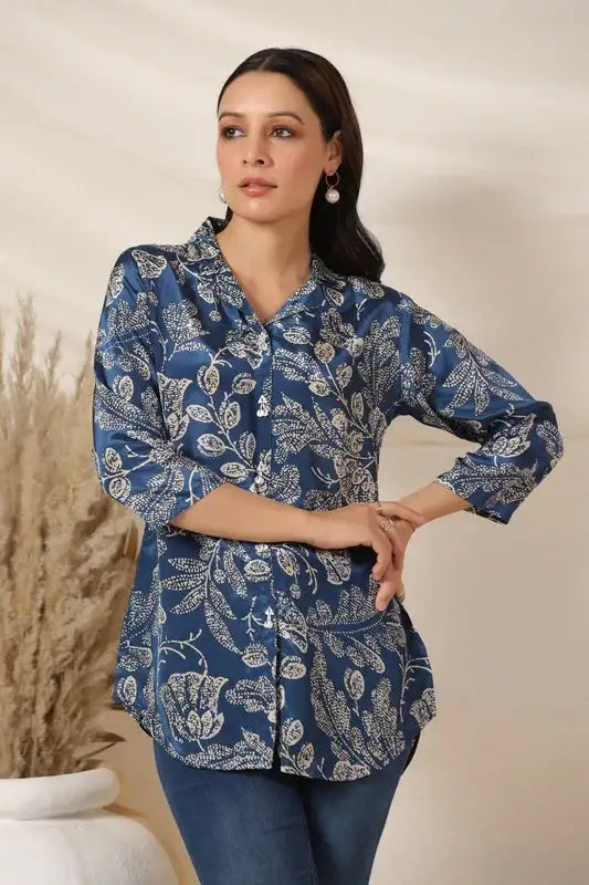 Royal Blue Floral Printed Russian Silk Top