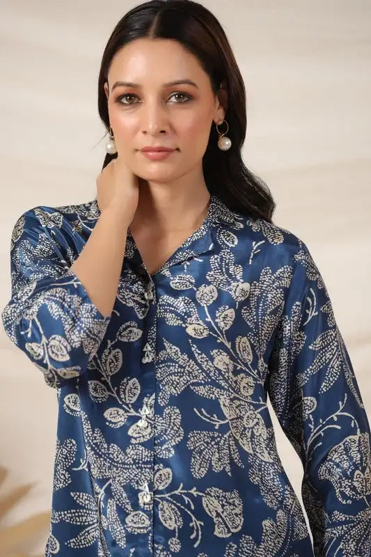 Royal Blue Floral Printed Russian Silk Top