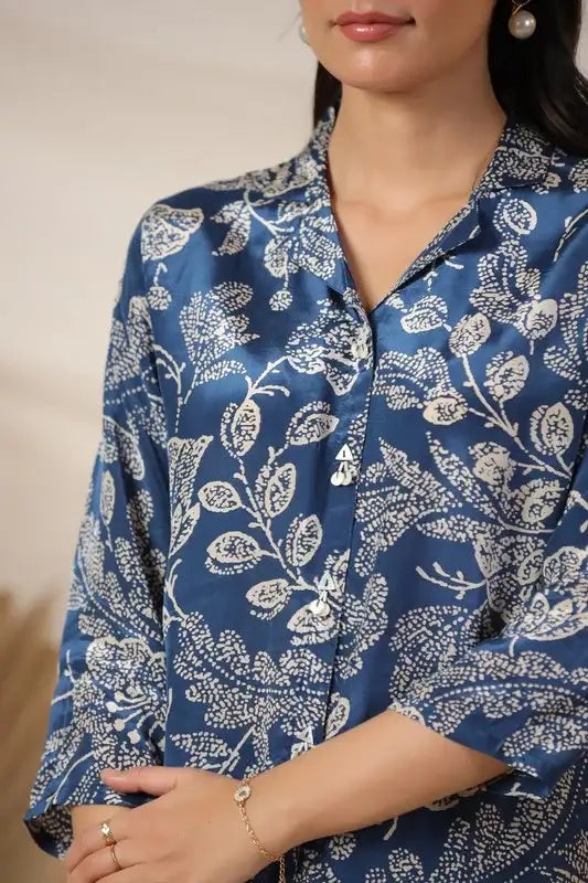 Royal Blue Floral Printed Russian Silk Top