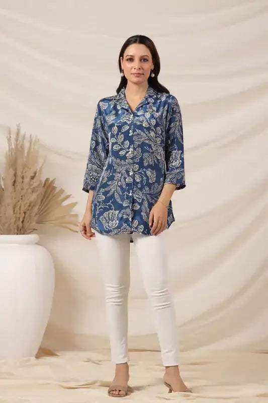 Royal Blue Floral Printed Russian Silk Top