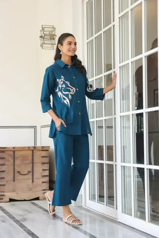 Teal Blue Horse Embroidered Cotton Flex Co-ord Set