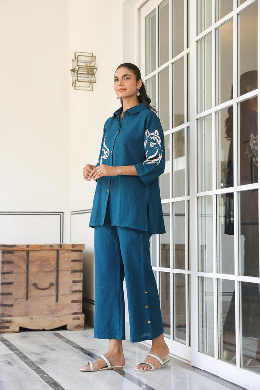 Teal Blue Horse Embroidered Cotton Co-ord Set