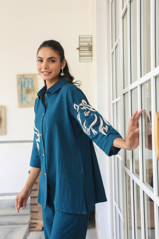 Teal Blue Horse Embroidered Cotton Co-ord Set