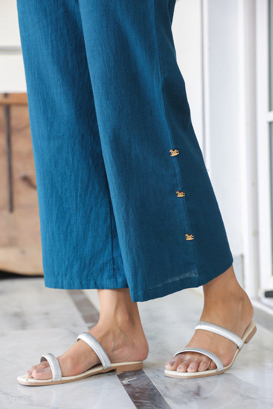 Teal Blue Horse Embroidered Cotton Co-ord Set