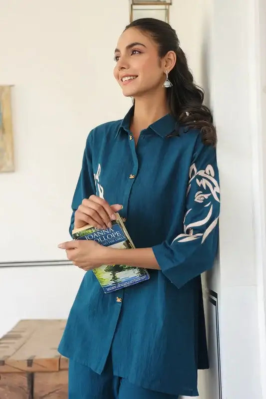 Teal Blue Horse Embroidered Cotton Flex Co-ord Set