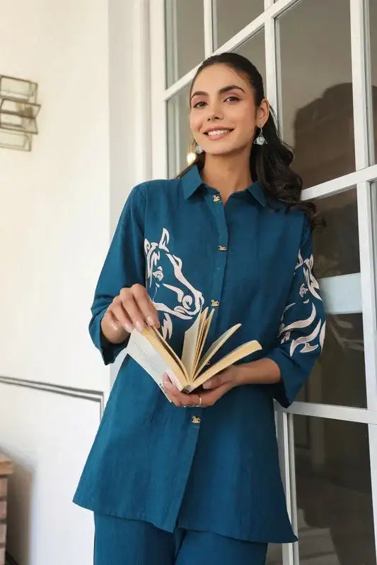Teal Blue Horse Embroidered Cotton Flex Co-ord Set