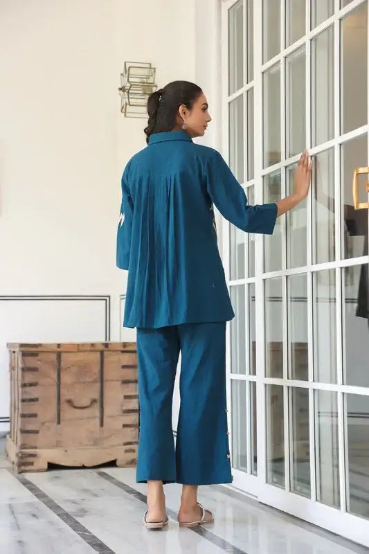 Teal Blue Horse Embroidered Cotton Flex Co-ord Set