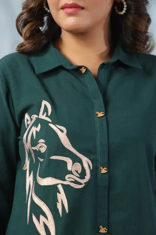Emerald Horse Embroidery Cotton Flex Co-ord Set